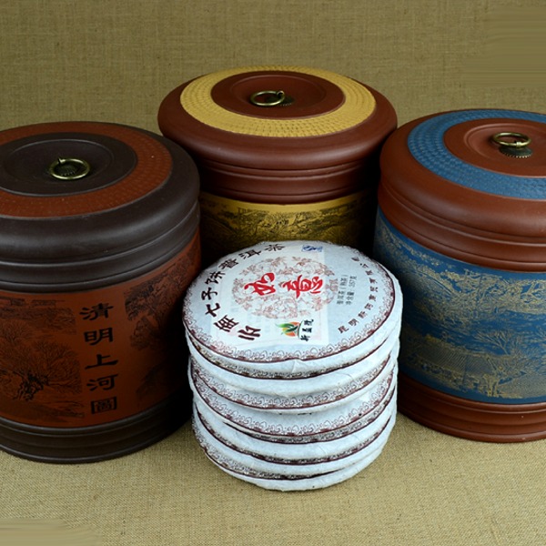 5Cgo 35130092926 普洱茶葉罐紫砂罐紫砂茶葉罐雲南七子餅清明上河圖醒茶罐三色 可裝七餅 AGL89300