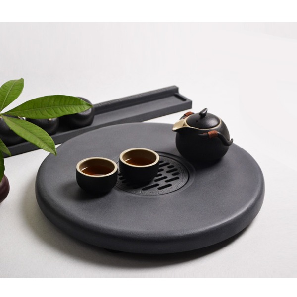 5Cgo 44434996115 金石開運鏤空烏金石茶盤茶臺茶船 黑金石茶海茶具功夫泡茶 圓型29*29cm AGL89100
