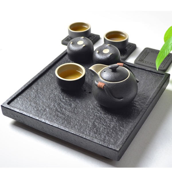 5Cgo 45582160804 閒池個人小型空烏金石茶盤茶臺茶船 黑金石茶海茶具功夫泡茶 正方 25*25cm AGL83100