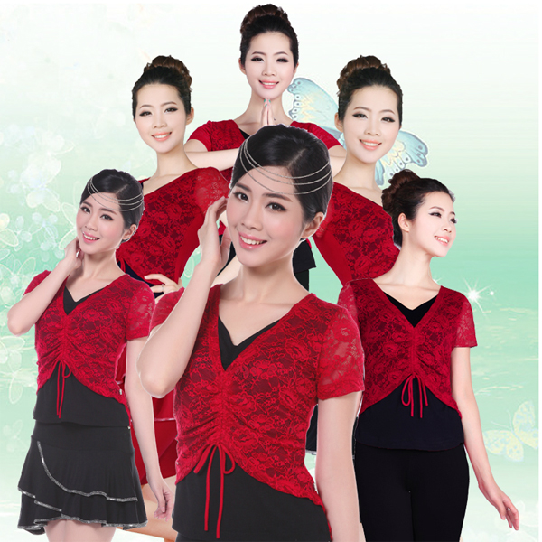 5Cgo 18933393734 廣場舞服裝套裝 V領蕾絲短袖裙褲套裝跳舞服裝拉丁舞服裝廣場舞裙舞衣  GSX98100
