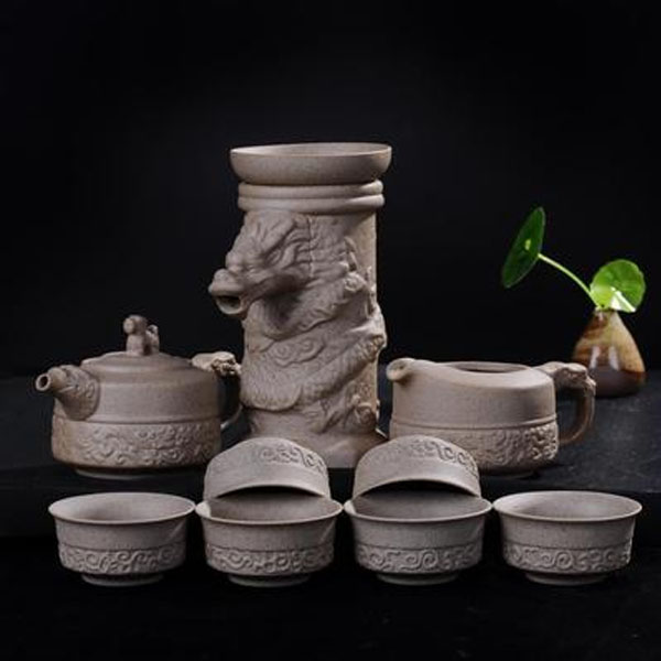 5Cgo 45185242382 創意粗陶自動茶漏過濾器陶瓷茶濾網功夫茶具配茶壺套裝祥龍茶壺品茗杯  LAY58000