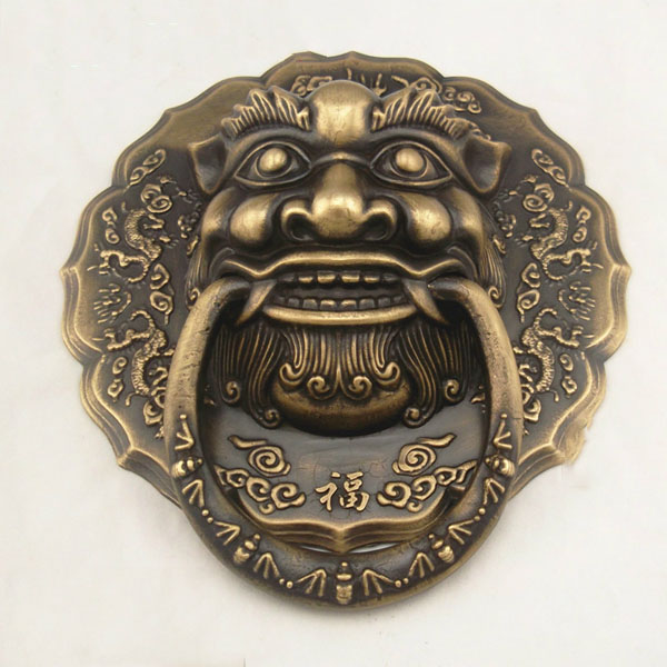 5Cgo 524405793698 復古中式純銅獅子仿古門環純黃銅中式大門把手麒麟虎頭大拉手鋪首銜環店面咖啡廳大堂酒吧牆面裝飾品把手拉環 CHX06100_古銅色