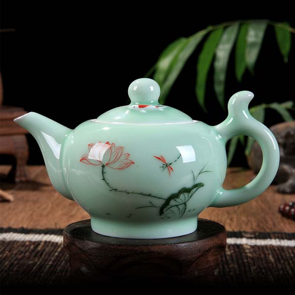 5Cgo 42903388884 茗道龍泉青瓷茶具手彩荷花鯉魚陶瓷茶壺功夫茶具用品泡茶器衝罐HZS85000
