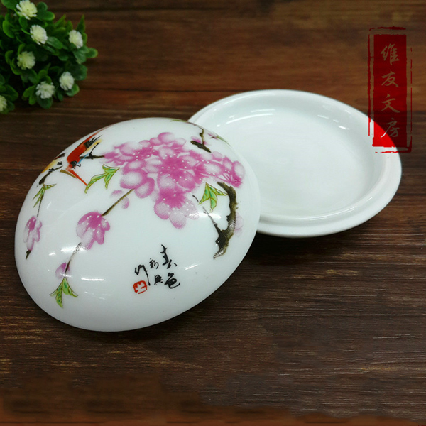 5Cgo 524036074921 水點桃花景德鎮彩繪陶瓷印泥盒墨盒胭脂盒裝印泥文房四寶用品 HZS32000