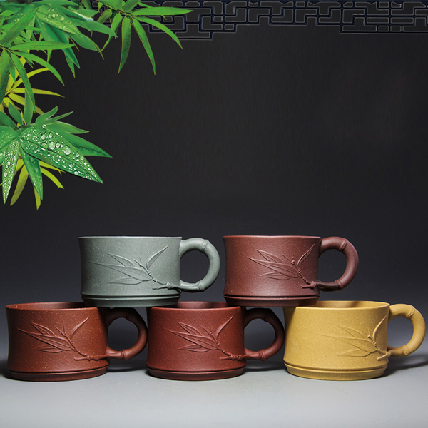 5Cgo 39978224936 紫砂帶把竹節杯帶把竹葉杯純手工小茶杯品茗杯泡茶茶道功夫茶壺茶杯小口杯  五個一組 HJT68300