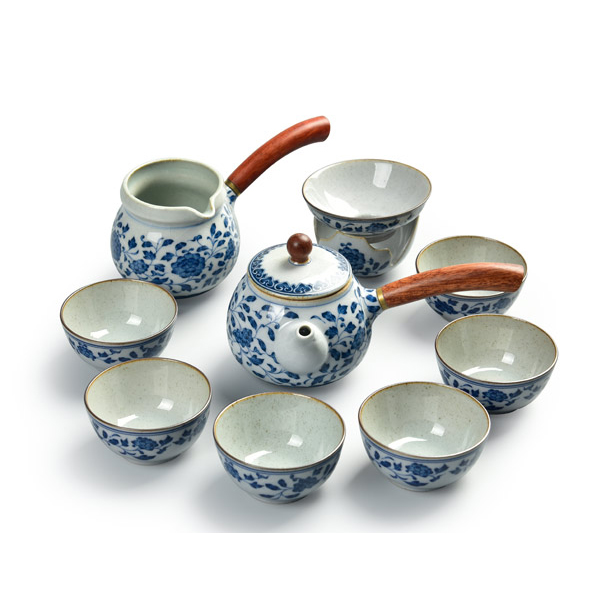 5Cgo 527951543269 粗陶青花蓋碗仿古茶壺茶具套裝粗陶青花功夫茶具套裝開片三才蓋碗公道杯茶壺茶杯套裝 A款 HJT89200