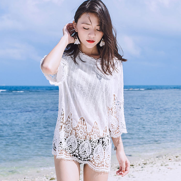 5Cgo 565863488549 2018夏裝新款度假旅遊沙灘比基尼泳衣套頭針織短款罩衫镂空i外套防曬衫女 HJT05000