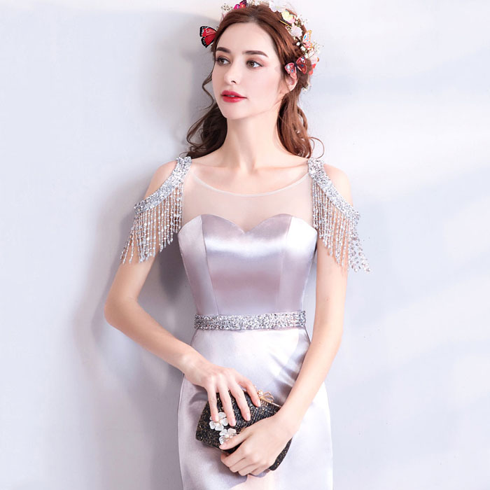 5Cgo 567005383594 春夏時髦氣場重工打造銀灰色水晶絲緞新娘婚紗舞會敬酒服晚宴年會晚禮服店長推薦9688t  HJT86300