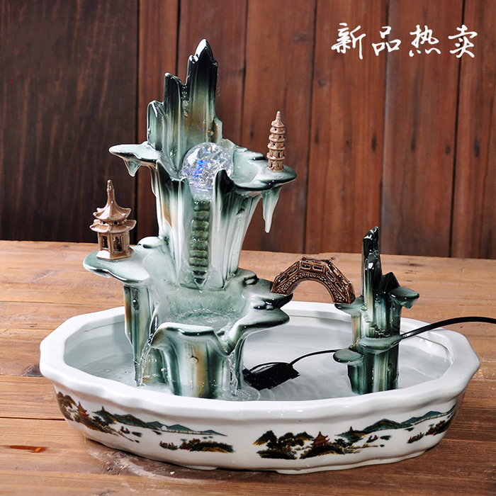 5Cgo 546015654065 陶瓷假山流水噴泉擺件客廳桌面招財風水輪魚缸盆景觀加濕器裝飾工藝品 HSL05300